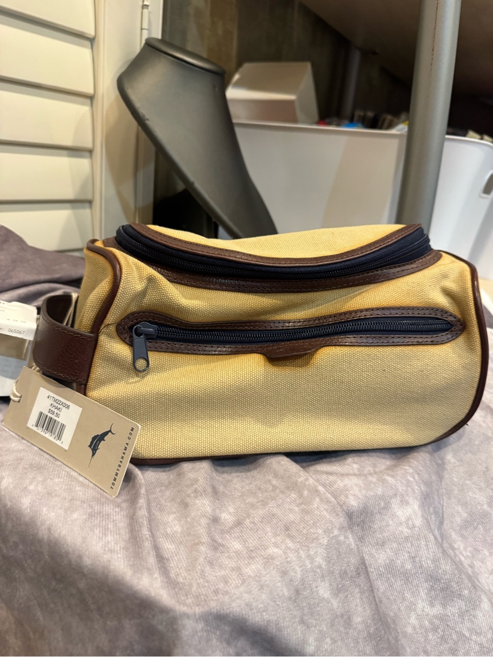 Tommy Bahama Canvas Dopp Kit Toiletry Bag - Yellow with Brown Trim NWT $59